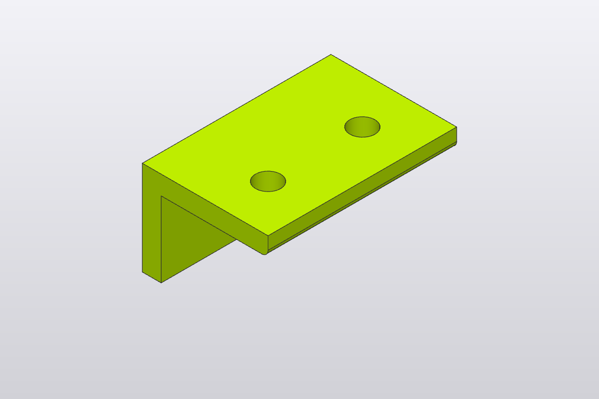 A real L-bracket rendered in Polykrom: 40 by 60 by 30 millimetres, two 8 mm holes